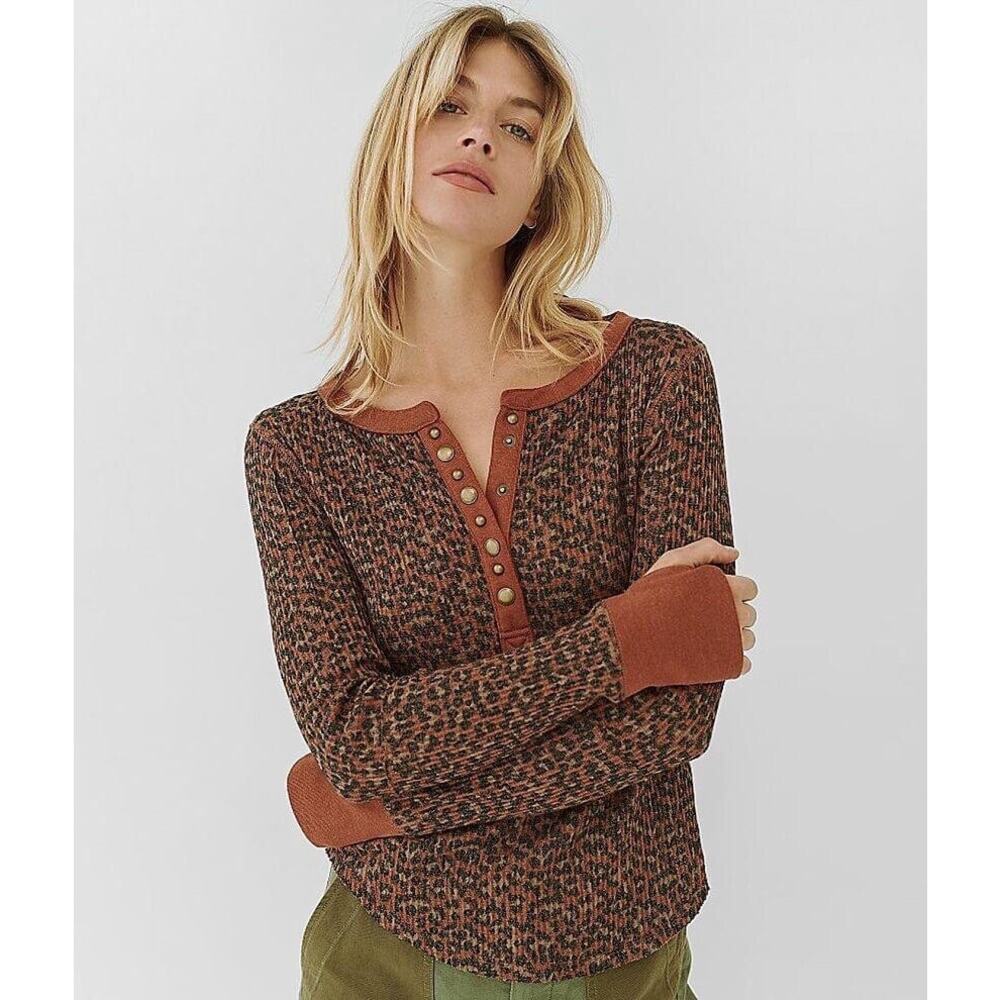 Free People Brown and Tan Button-Down Top